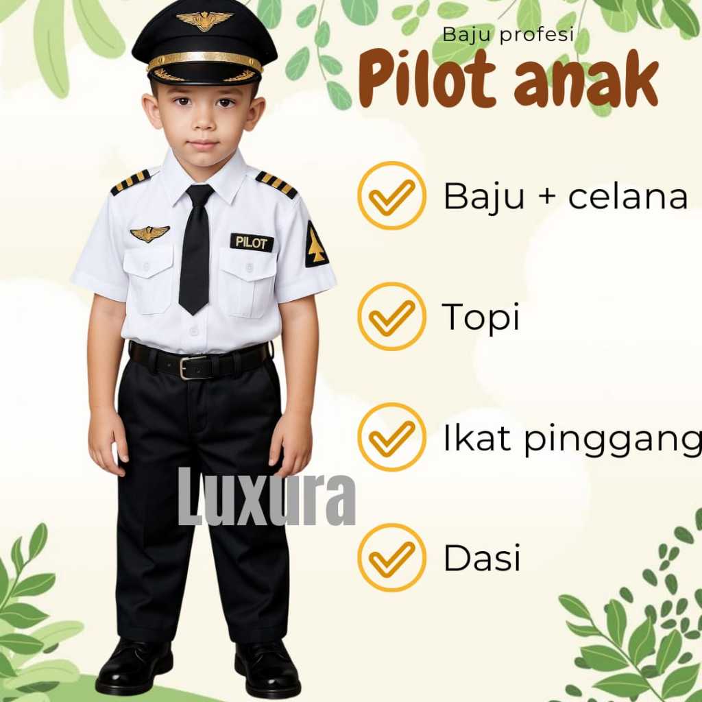 Seragam Pilot Anak Karnaval - Kostum Profesional dengan Topi & Aksesori