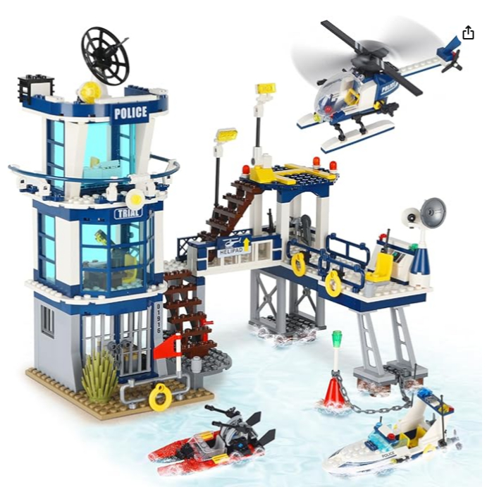 City Police Station STEM Building Sets, Compatible with Lego Military Helicopter Airplane,Boats Ship