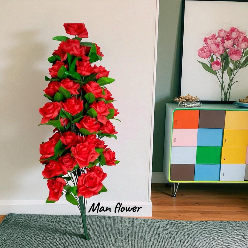 BUNGA MAWAR MEKAR SUDUT 48 KUNTUM HANYA BUNGA HIASAN TANPA VAS/POT