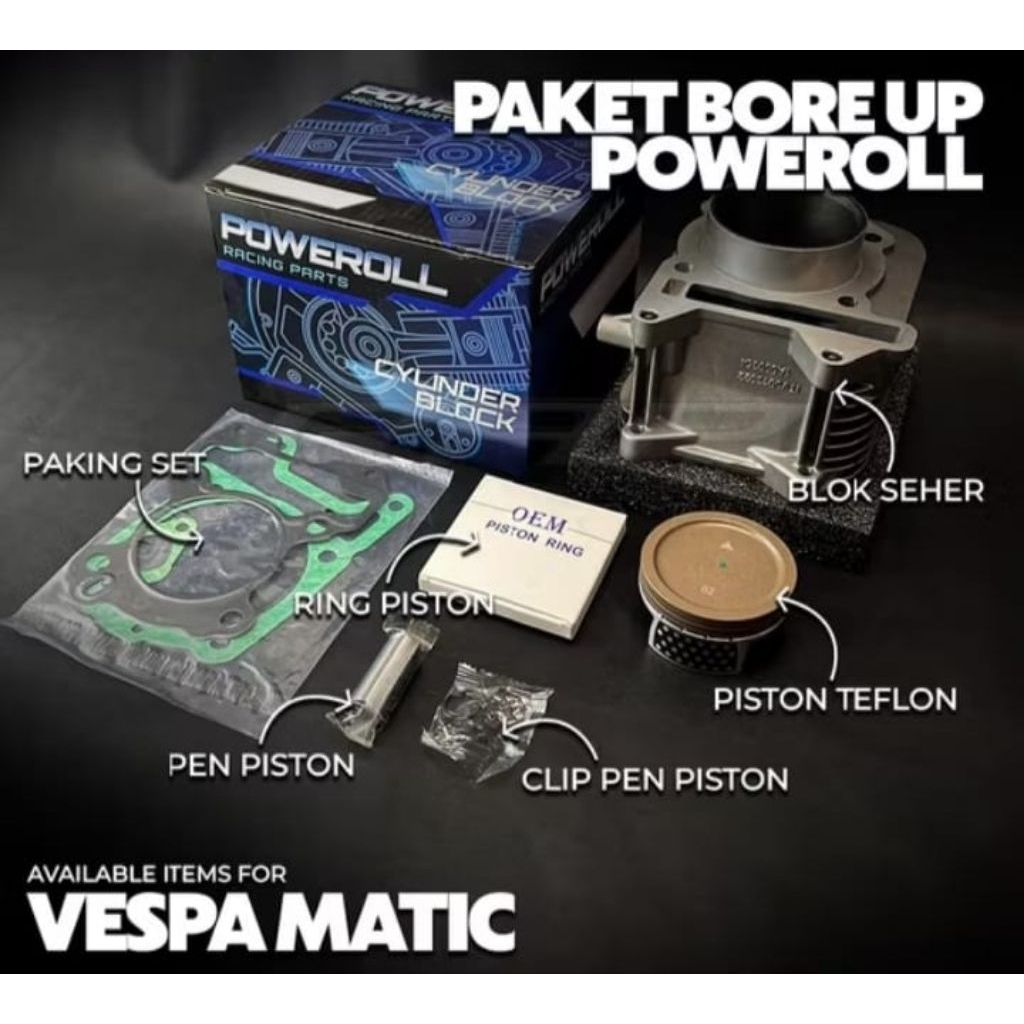Blok Seher Vespa Matic Bore Up 62mm 63.5mm Poweroll LX S Sprint Primavera