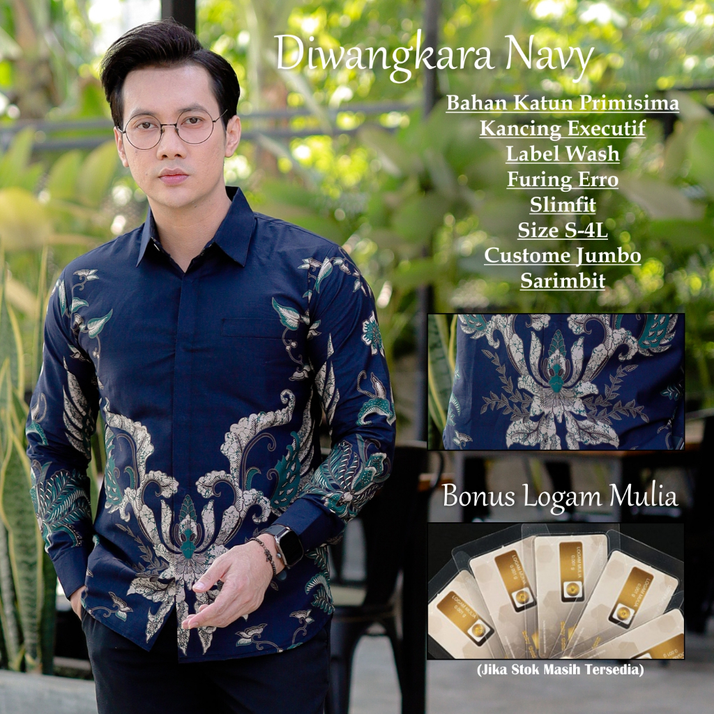 PERKASA BATIK Motif Diwangkara Biru Tua Atasan Kemeja Batik Pria Premium Lengan Panjang Slimfit Baha