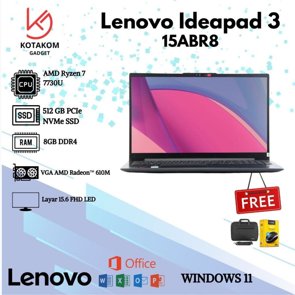 Laptop Slim Lenovo Ideapad 3 15ABR8 with Ryzen 7 7000 Series and 8GB RAM/512GB SSD