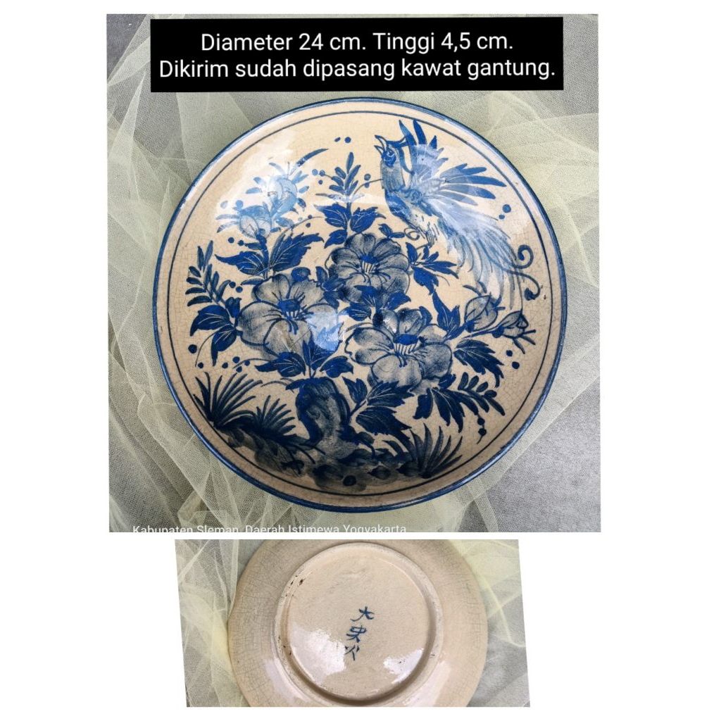 Piring keramik lukis motif burung/rusa/bunga/pemandangan china/kepiting/ikan  biru putih dan warna w