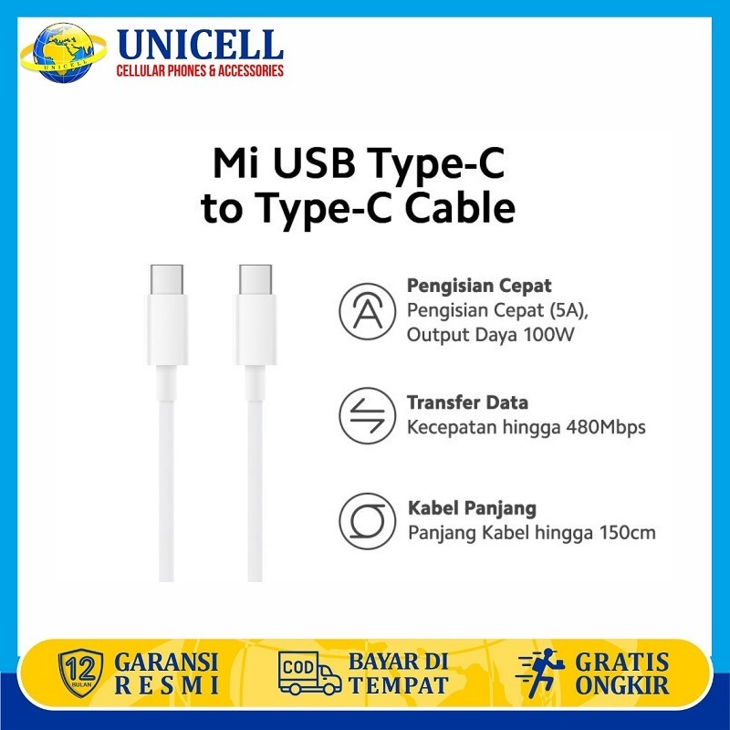 Kabel Data Xiaomi Type C to C Panjang 150cm Original - White