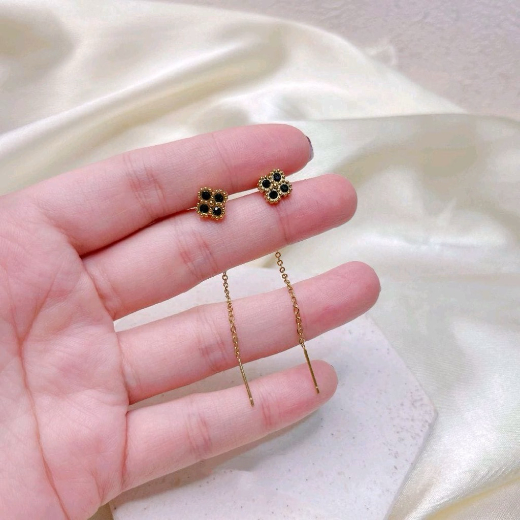 Anting Serut Bunga Panjang Gold Titanium