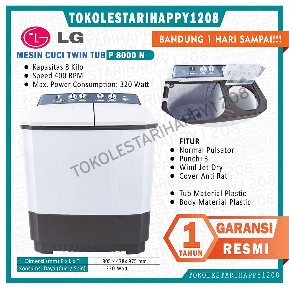 Mesin Cuci 2 Tabung LG P8000 8 KG Luar Bandung Kargo Murah Garansi Resmi