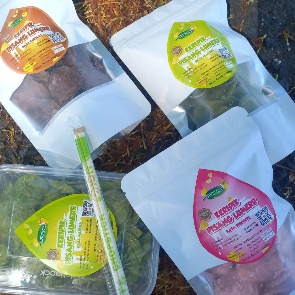 

Keripik Pisang lumer Hunisuka Aneka Rasa Cokelat Matcha Tiramisu Stroberi Pouch 100 gr