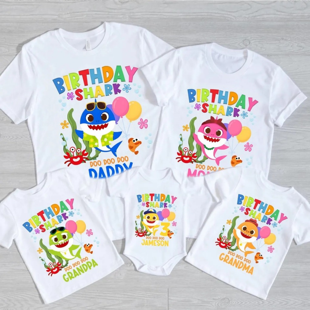 YURI Kaos Keluarga Ulang Tahun Tema Baby Shark Character Custom