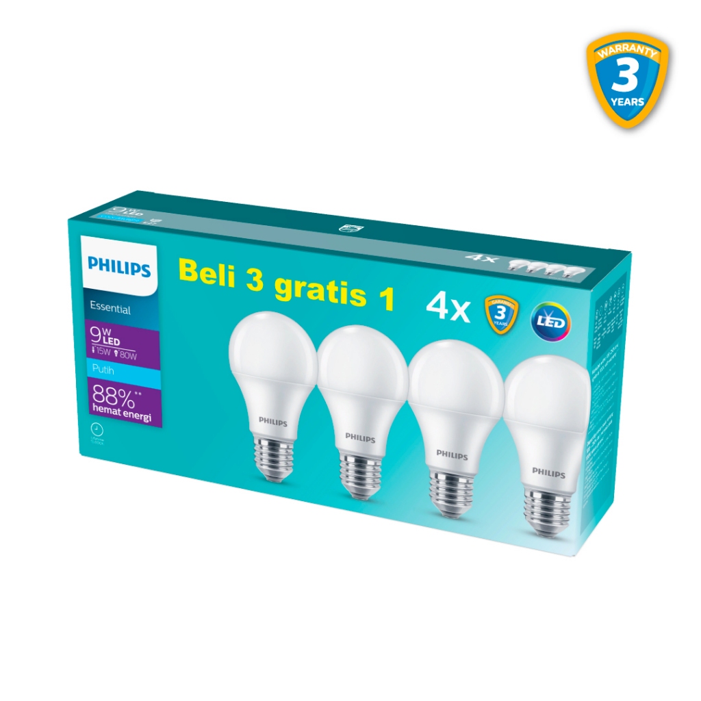Philips LED Bulb Essential Bohlam Multipack 9W 65K Putih - Isi 4