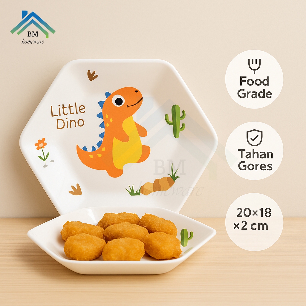 Piring Makan Anak Motif Dinosaurus /Piring Anak Dino Hexagonal bahan Melamin