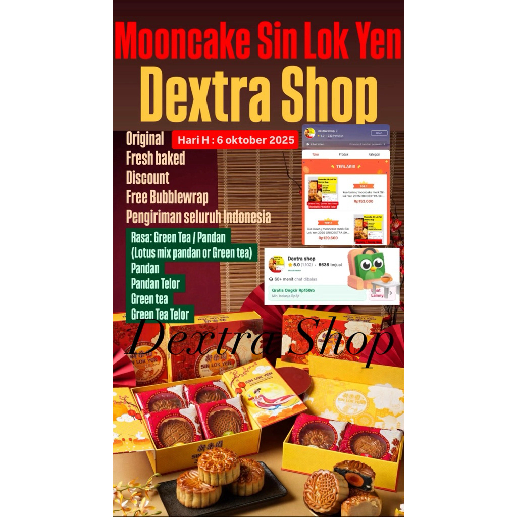 

kue bulan / mooncake merk Sin lok Yen 2025 ORI DEXTRA SHoP Rasa Pandan ( linyung rasa pandan) atau green tea (linyung rasa green tea)