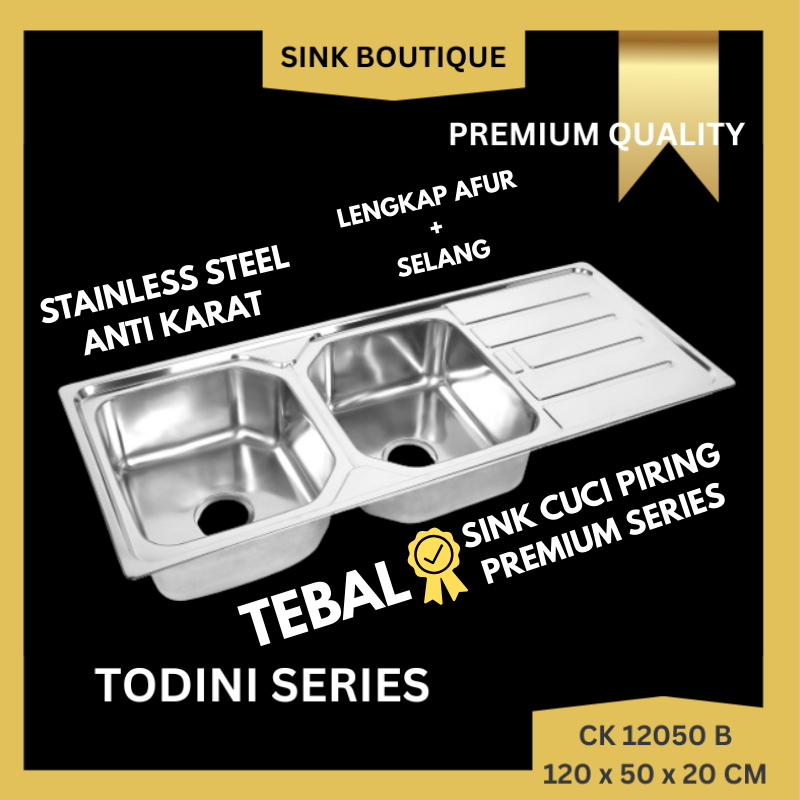 Premium Todini CK 12050 B Anti Karat Kitchen Sink Stainless Bak Cuci Piring 2 Lubang + 1 Sayap Meja