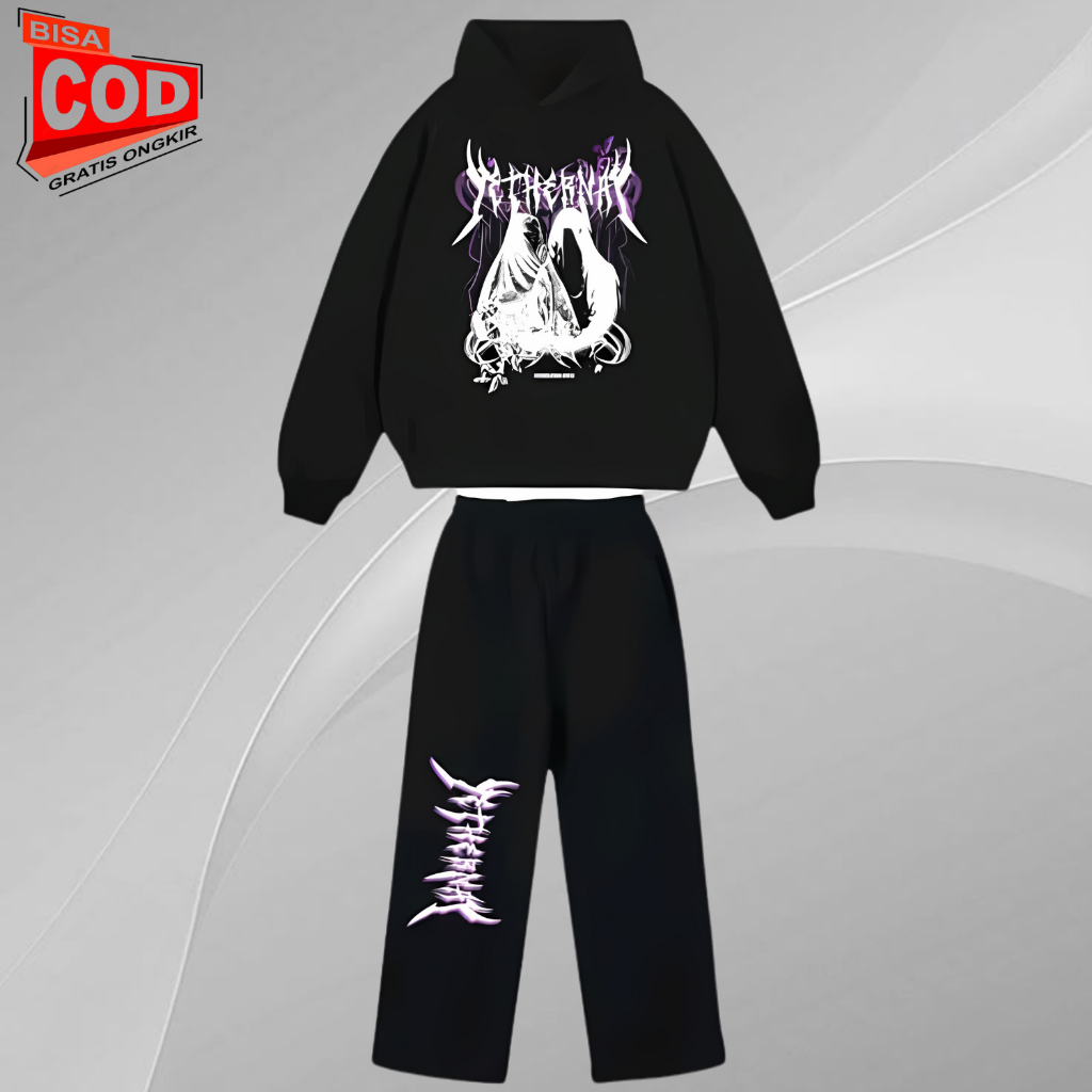 Setelan Jaket Sweater Hoodie Boxy Unisex Stolen Moon Blue - Distro Keren Celana Panjang Cargo Pria W