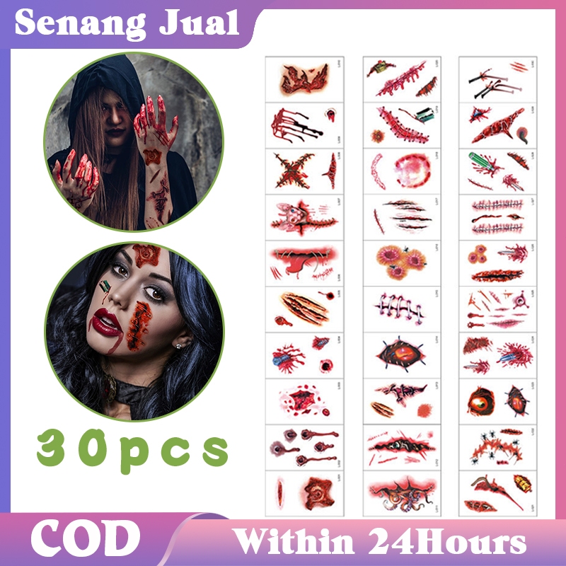 Helloween Prank Terluka Jahitan Stiker Tato Temporer Scar Blood Tattoos Tato Luka Jahitan Tato Luka 