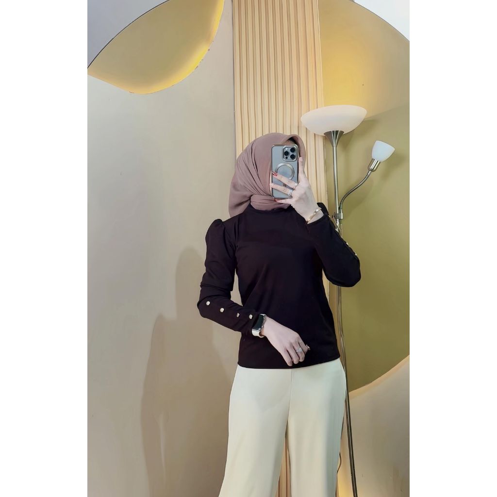 Inara Blouse - Fashion Muslim Wanita Baju Atasan Dewasa Panjang Remaja Hitam Putih Casual