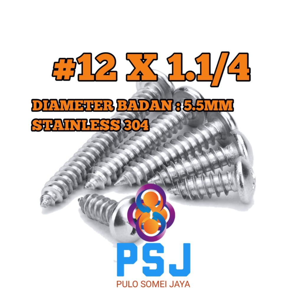Sekrup Tapping Stainless 12 x 1 1/4 Tapping PH Stainless 304