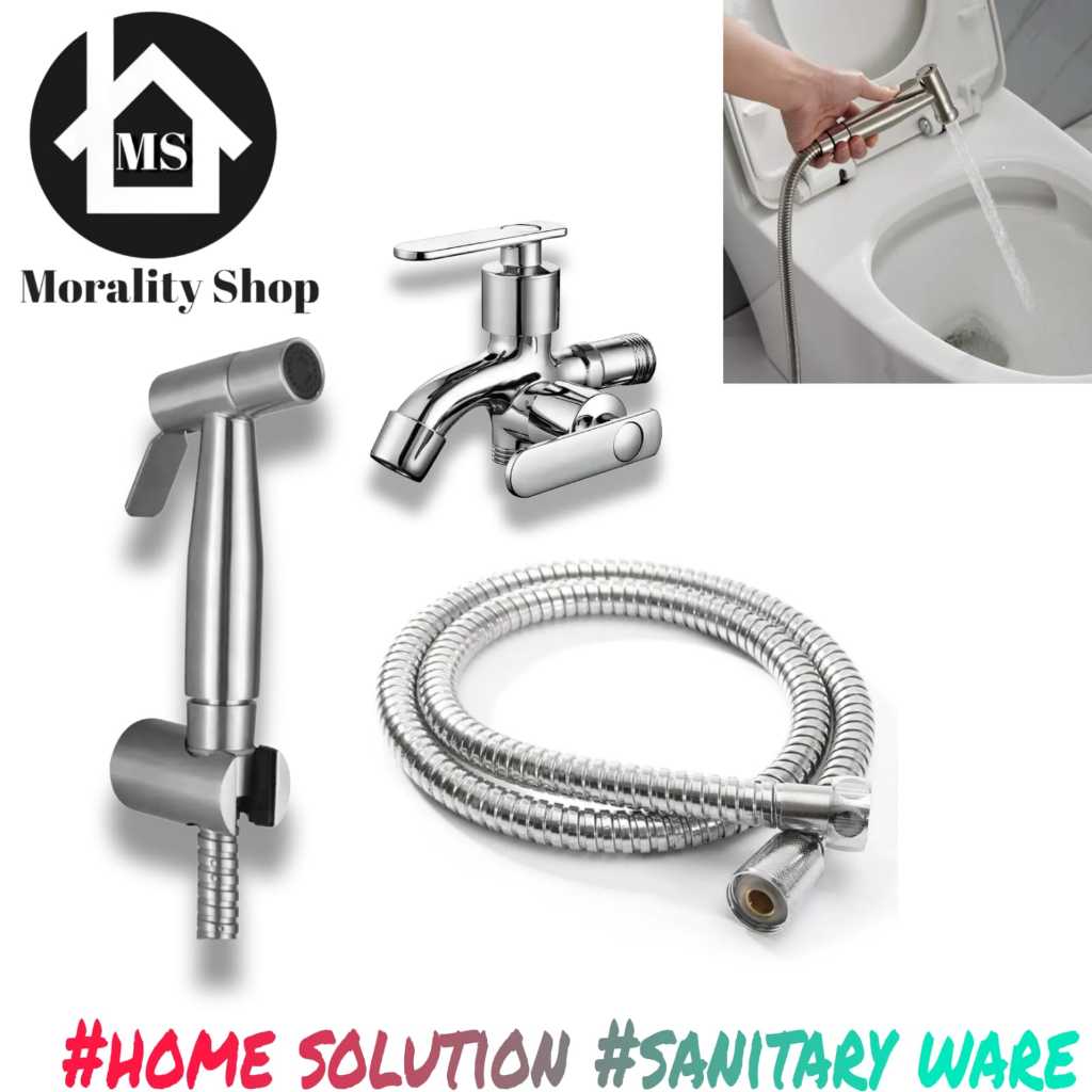 paket murah jet shower bidet kloset js304 stainless set + kran air cabang 2 minimalis FF / RT