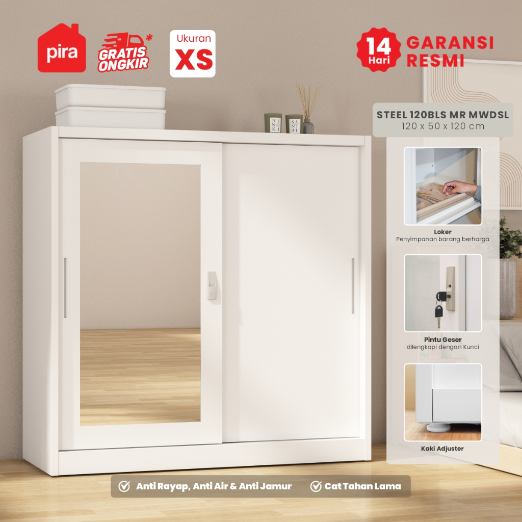 PIRA -  STEEL 120BLS MR MWDSL Lemari Pakaian Besi Pintu Sliding dengan Cermin / Lemari Pakaian Anak