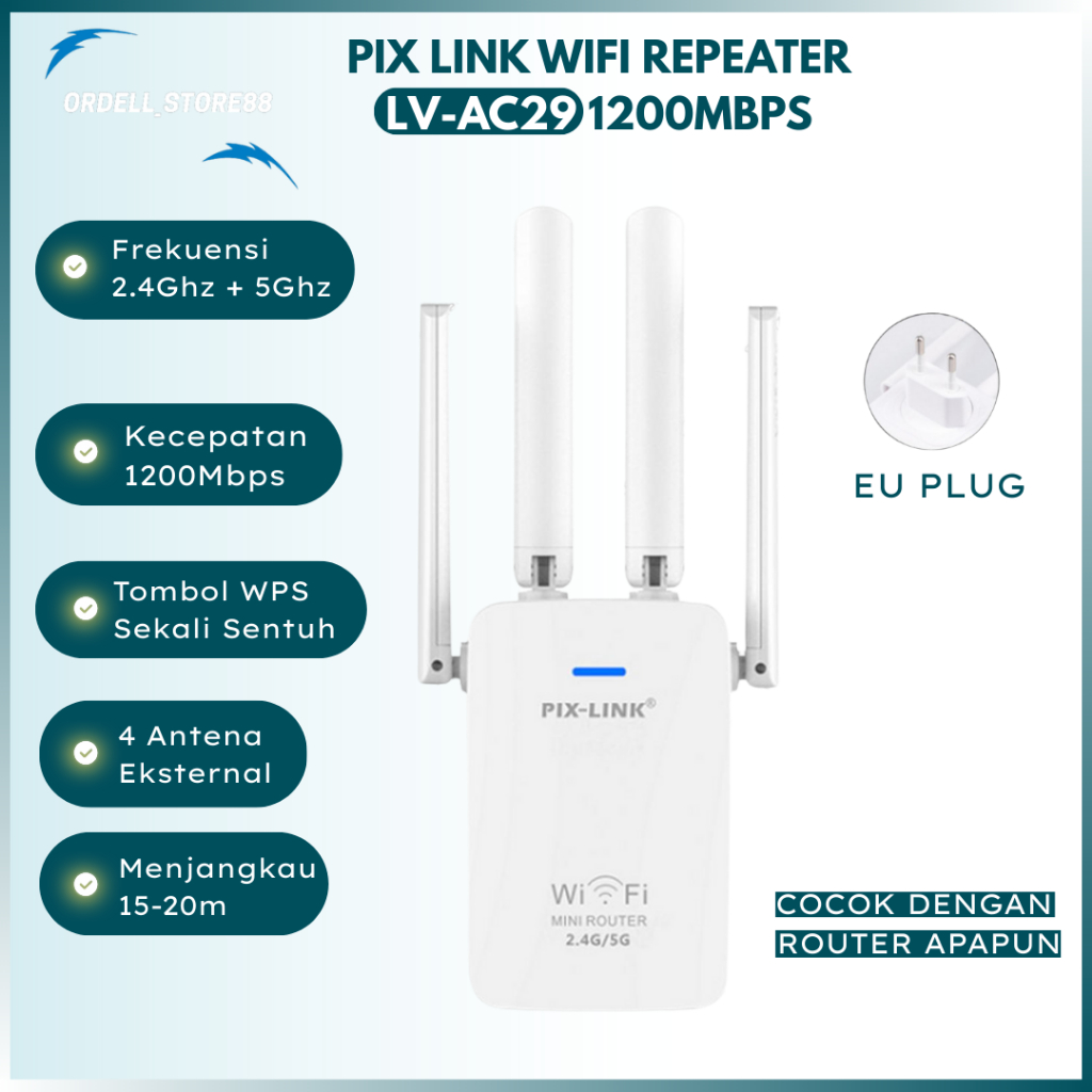 Pix Link AC29 1200MBPS 4 Antenna Wi-Fi Range 5G 2.4GHz Extender Repeater Dual Band Universal