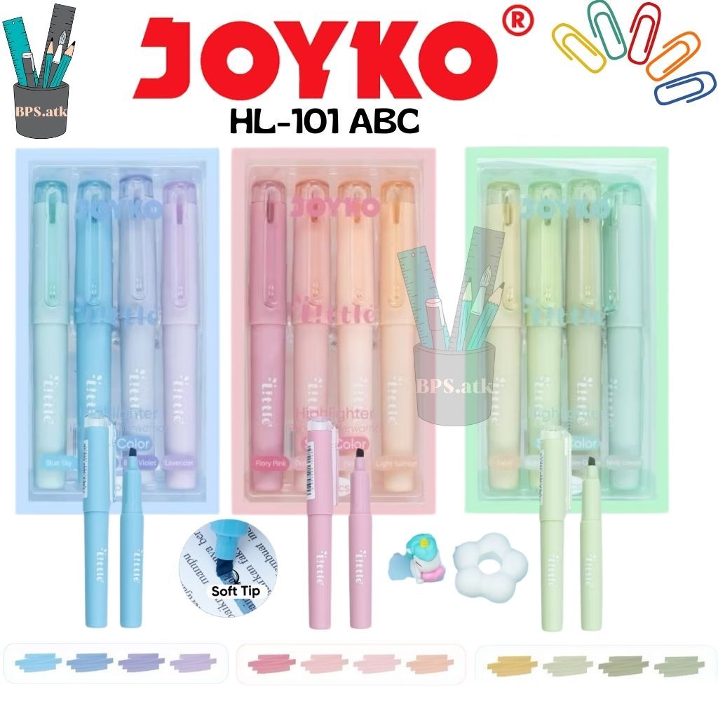 

(4 pcs) JOYKO Penanda Berwarna Highlighter HL-101 Soft Color Little Warna Pastel