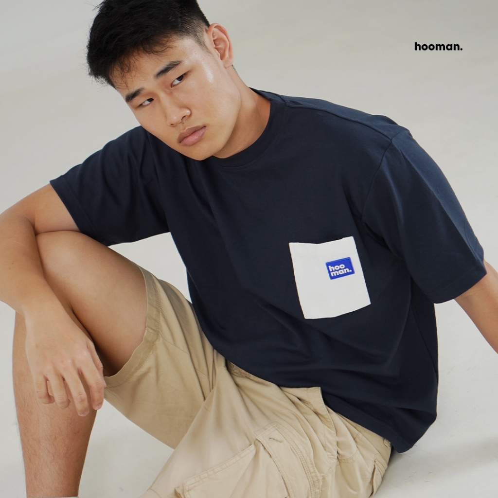 Hooman Oversize Contrast Pocket Tee in Navy UNISEX