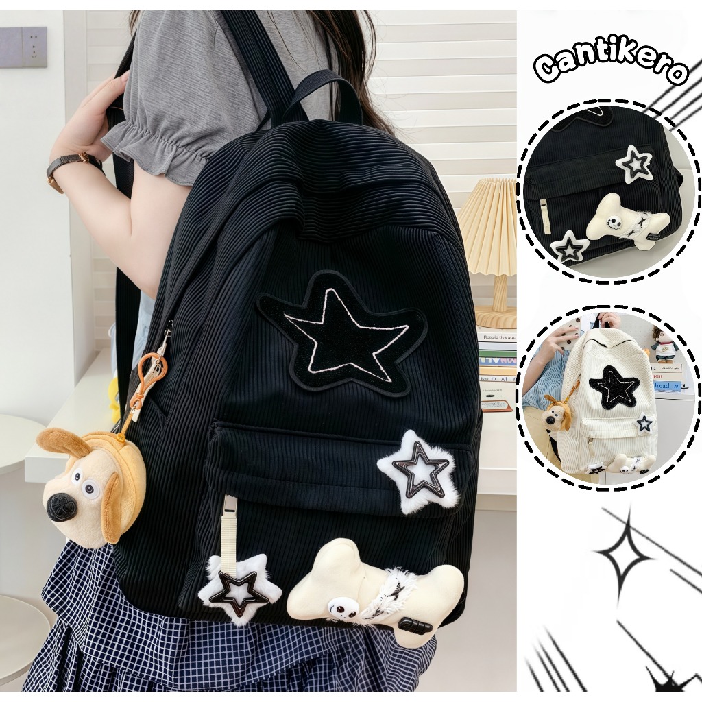 CANTIKERO Tas Sekolah Wanita Korduroy Bintang Lucu  Ins Tas Mode Jepang Korea Tas Sekolah Kapasitas 