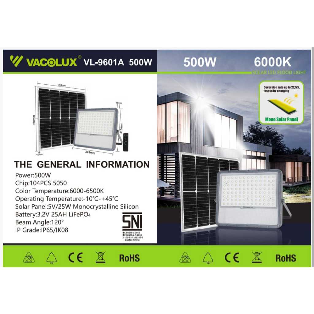 SOLAR LED FLOOD LIGHT VACOLUX 500W PREMIUM / LAMPU LED SOLAR PANEL 500W VACOLUX IP 66