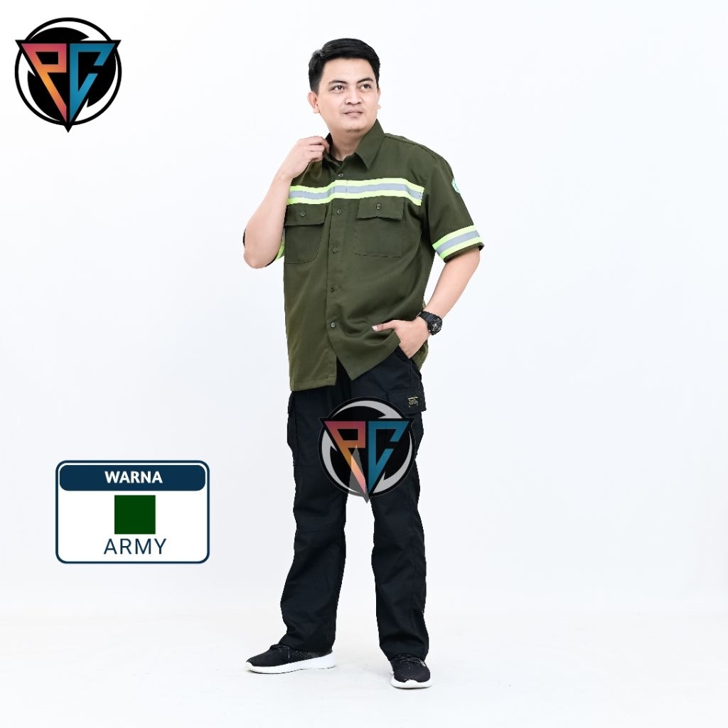PC - Kemeja safety hijau army lengan pendek Baju safety lengan pendek wearpack safety lengan pendek