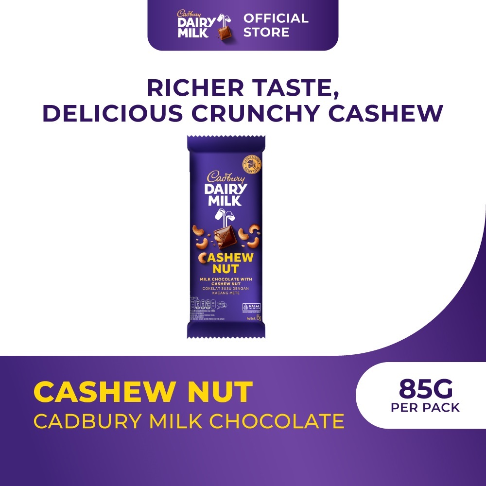 

Cadbury Coklat Cashew Whole Nut Regular 85g, coklat dan susu yang lembut dengan potongan kacang