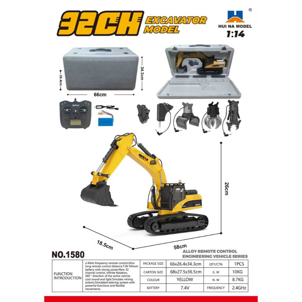 HUINA 1580 Remote Control Excavator Big FULL Metal 1/14 32Ch Alat Berat NEW VERSION