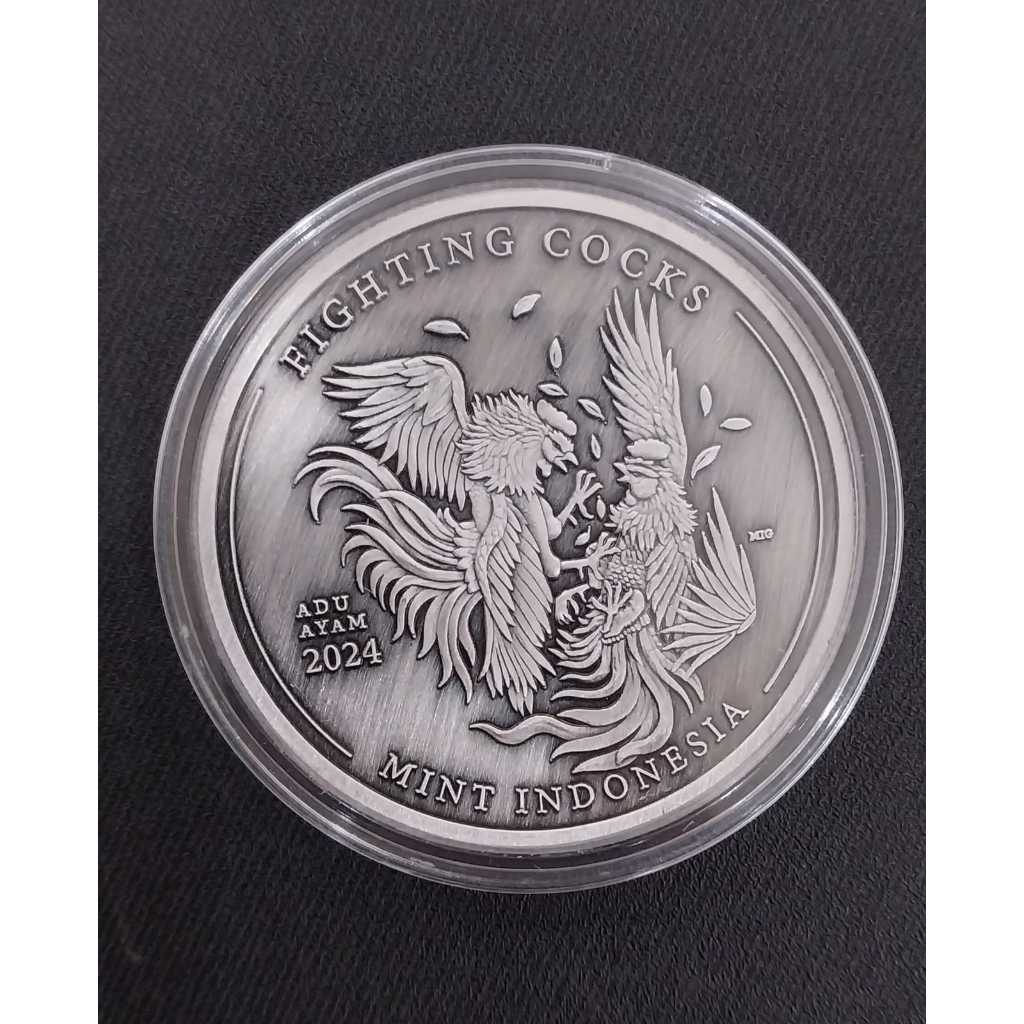 Koin Perak Mint Indonesia SPECIMEN Fighting Cocks (Adu Ayam) Antique Finish1 oz
