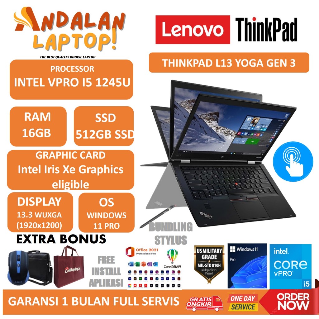 Lenovo Thinkpad L13 YOGA Gen 3 Intel Core i5 Vpro 1245U TOUCHSCREEN 13.3 WUXGA WIN 11 PRO + STYLUS