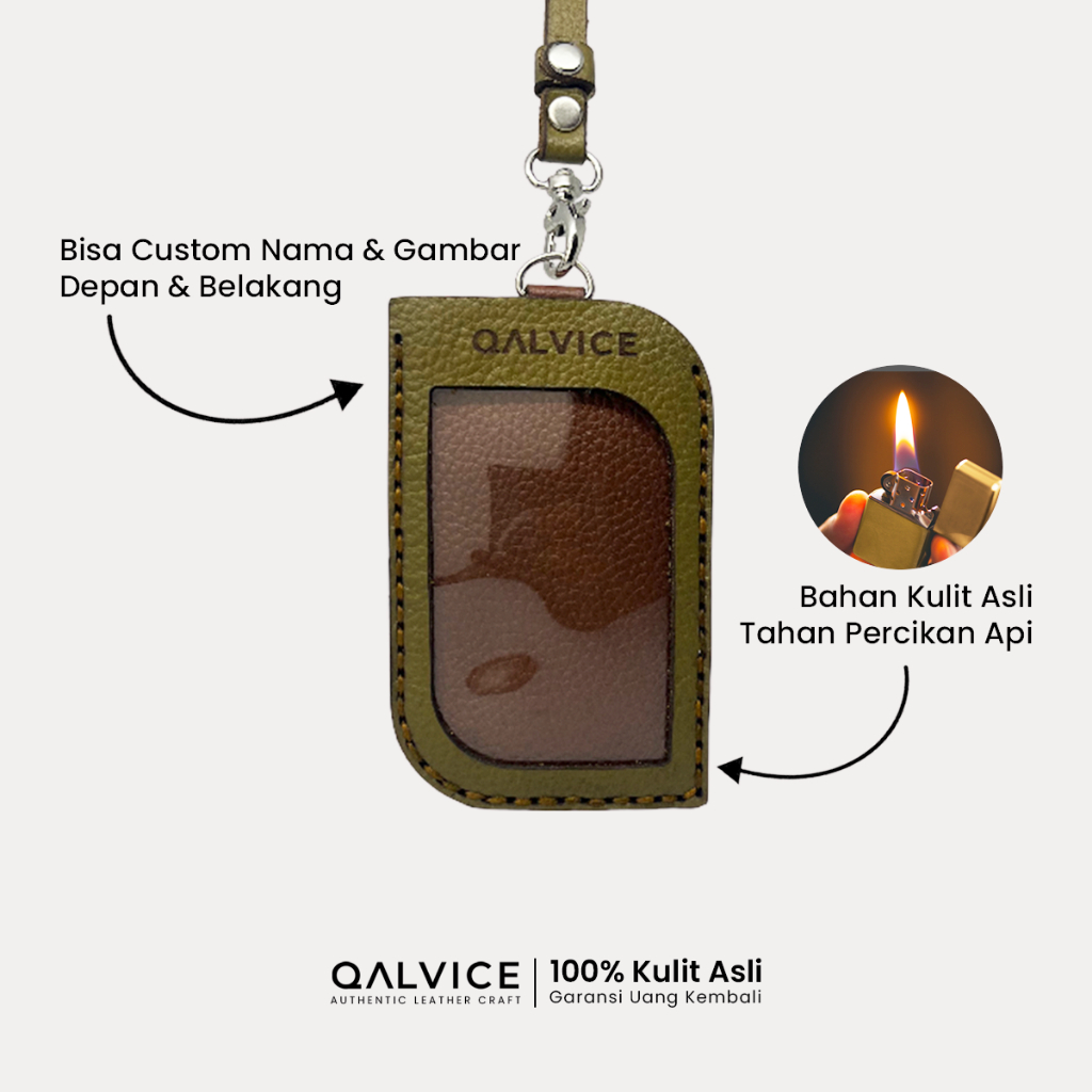 

QALVICE- ID Card Lanyard Name Tag 3 Lapis Daun Kulit Sapi Asli - Gratis Custom Desain Nama & Gambar