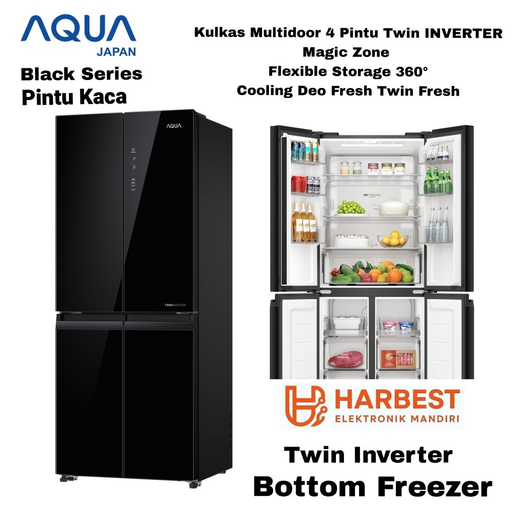 AQUA Japan Kulkas 4 Pintu MULTIDOOR Twin INVERTER Black KACA Series AQR-CTD506RGG(BK)  406 Liter den