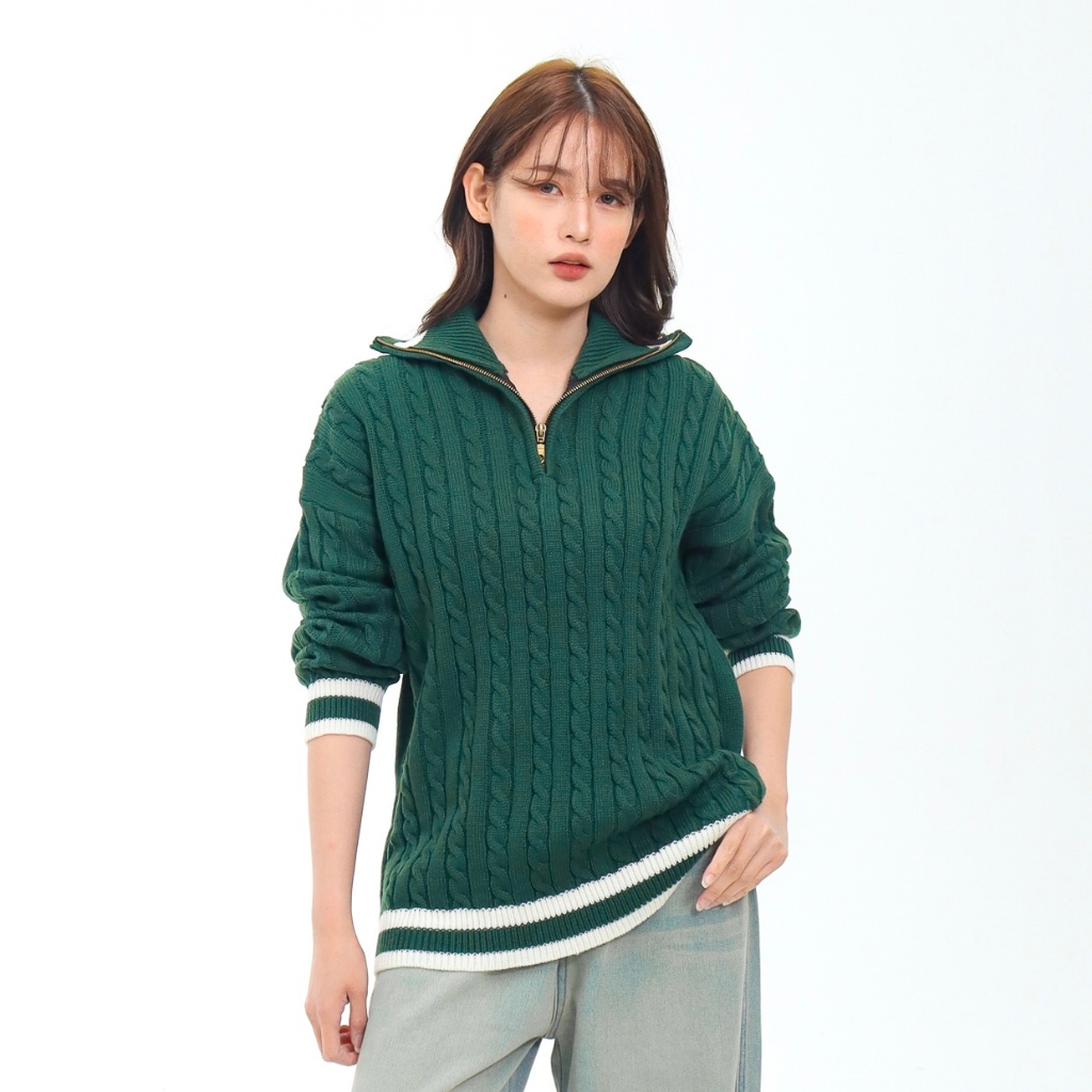 Loony - Cable Polo Knit Forest Green - Sweater
