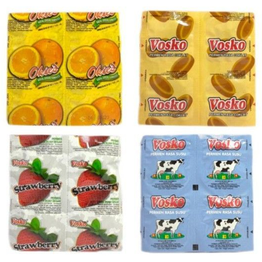 Permen Jadul Vosko 20 Lembar Rasa Susu Coklat Strawberry Jeruk