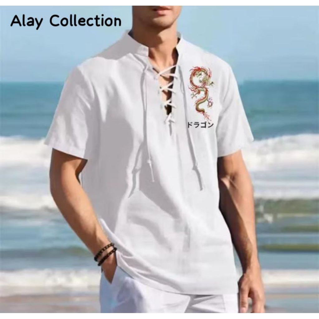Kemeja Linen Atasan Pria Lengan Pendek Bergambar Naga/Dragon Keren Casual S-5XL