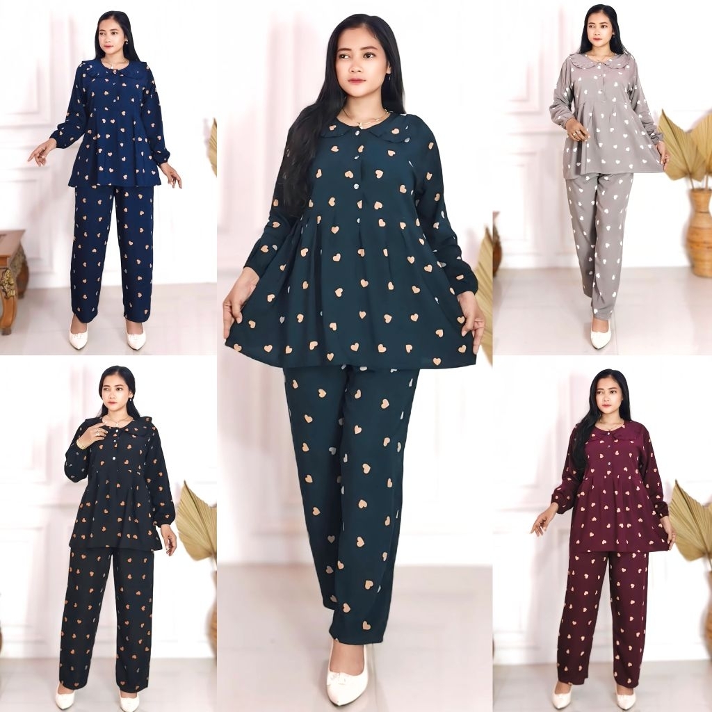One set cplp kancing busui kerah rempel motif love/setelan wanita
