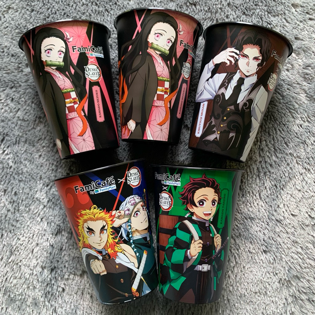 [READY] family mart x demon slayer cup & keychain zenitsu muzan nezuko uzui rengoku tanjiro