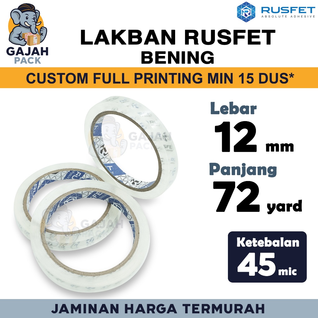 

Lakban 12mm x 72yard RUSFET Bening Isolasi OPP Tape PREMIUM TERMURAH / SATUAN