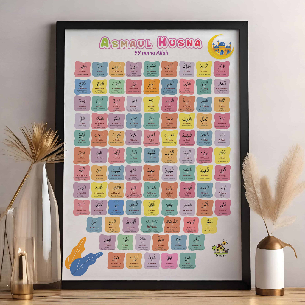 Poster Edukasi Muslim islami ASMAUL HUSNA Dekorasi Hiasan Pajangan Dinding Alat Peraga Kelas, Sekola