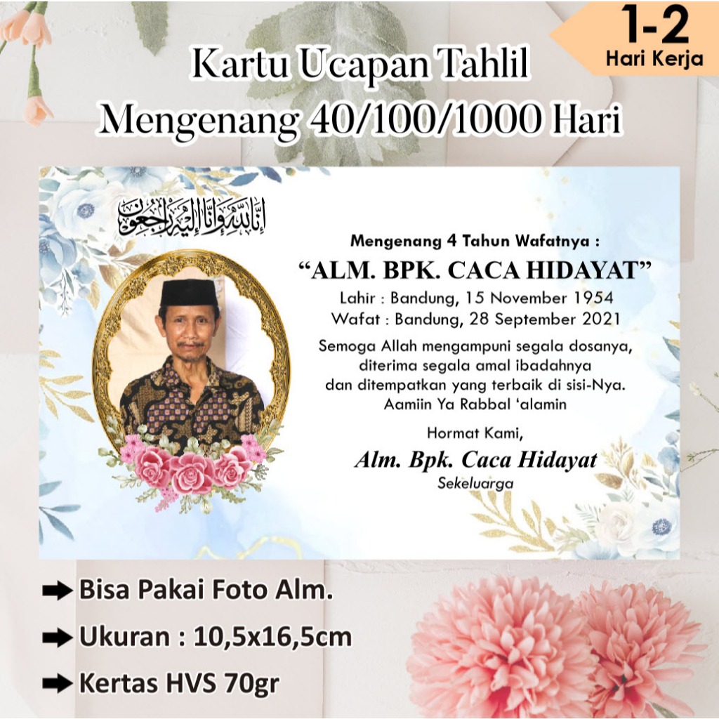Ucapan Mengenang 7/40/100/1000 hari wafatnya, Kartu Ucapan Mengenang Print Ucapan Kotak Nasi Berkat 