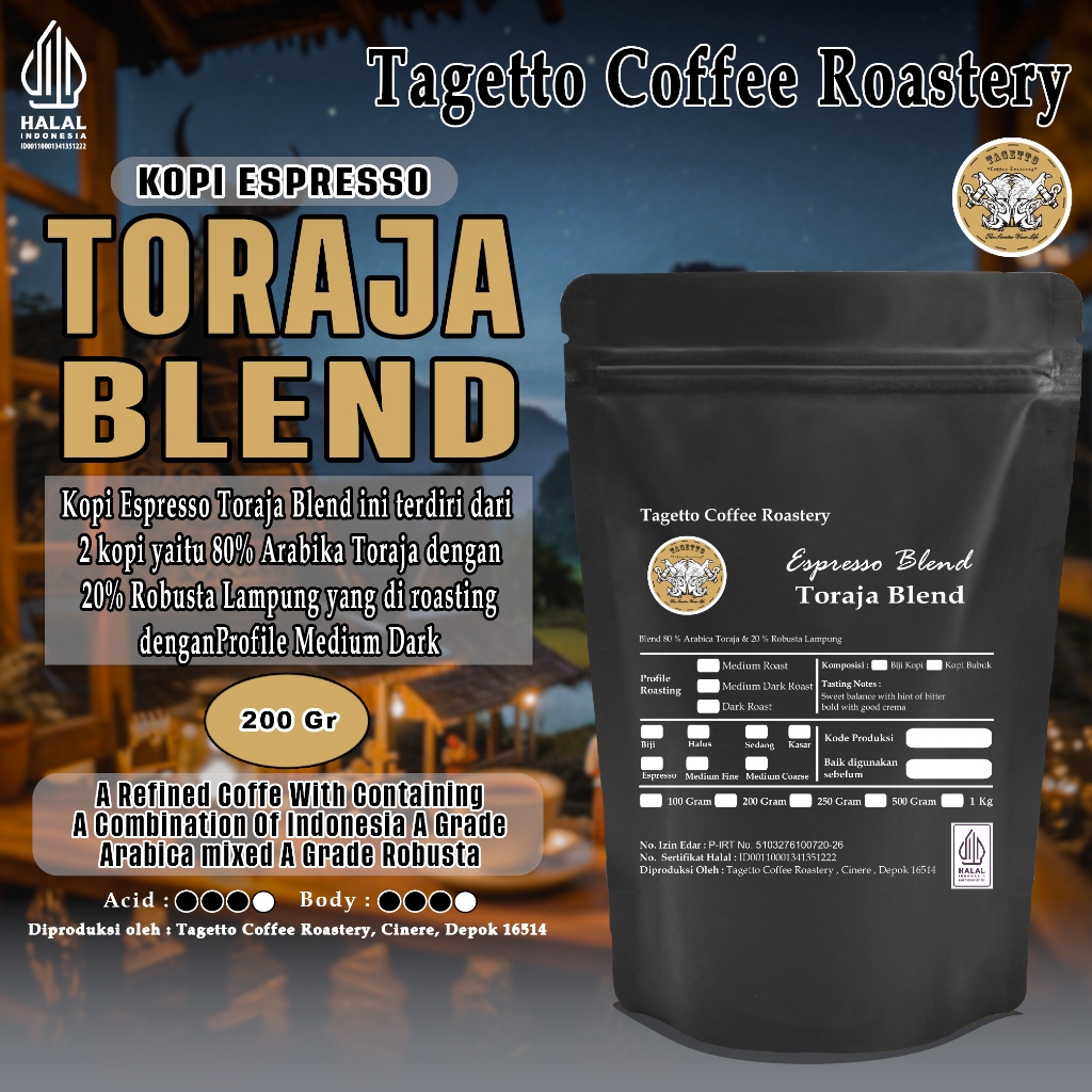 

KOPI ESPRESSO TORAJA BLEND 200GR - 80% ARABICA 20% ROBUSTA | BEAN GROUND BIJI BUBUK 200 GRAM TAGETTO COFFEE ROASTERY