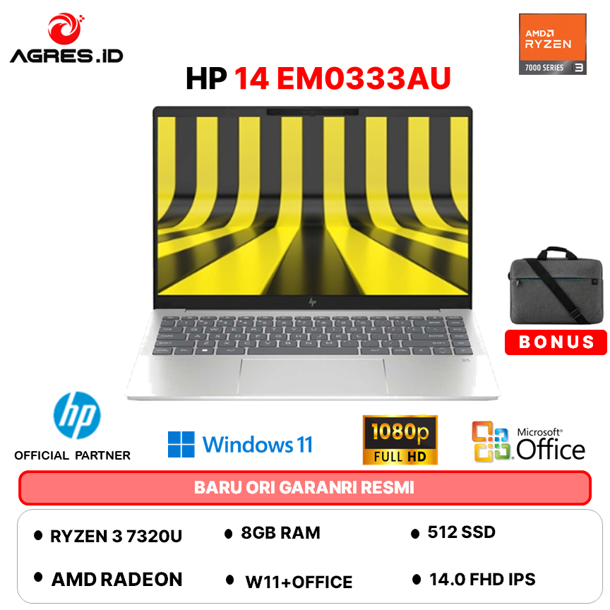 HP 14 AMD RYZEN 3 7320 - RAM 8GB 512GB W11+OHS 14.0FHD IPS BLIT COPILOT -EM0321AU