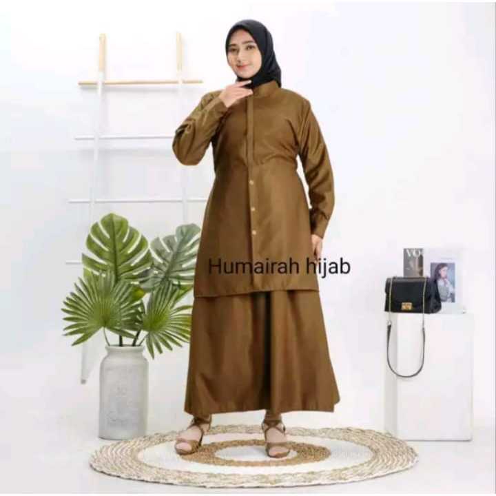 Baju Celana 2In1 Kemeja Kantong Dada Atasan Bawahan Perempuan 1Set Adem Swetelan Wanita Idul Adha On