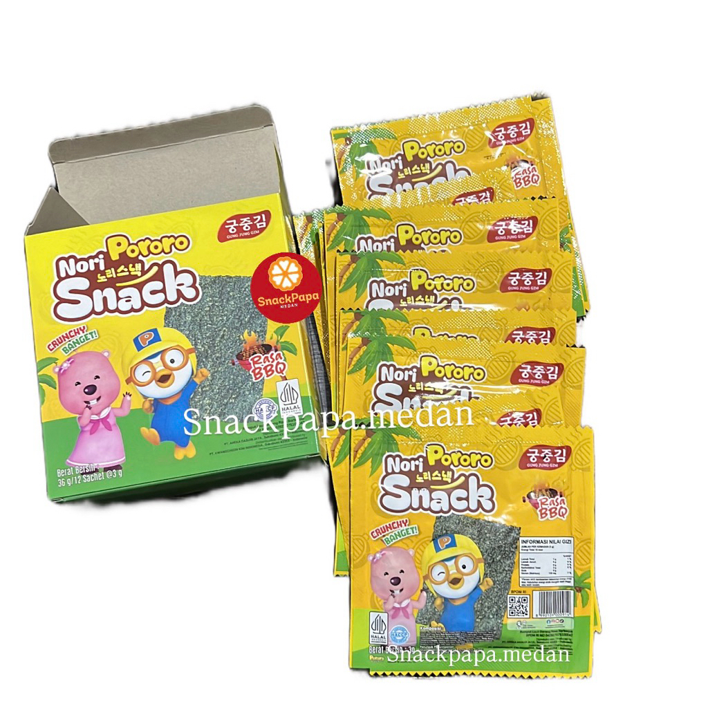 

SNACK RUMPUT LAUT NORI PORORO [1 BOX ISI 12 PCS @3G] | NORIPORORO SNACK RUMPUT LAUT SACHET | NORI PORORO ORIGINAL BARBEQUE PEDASO
