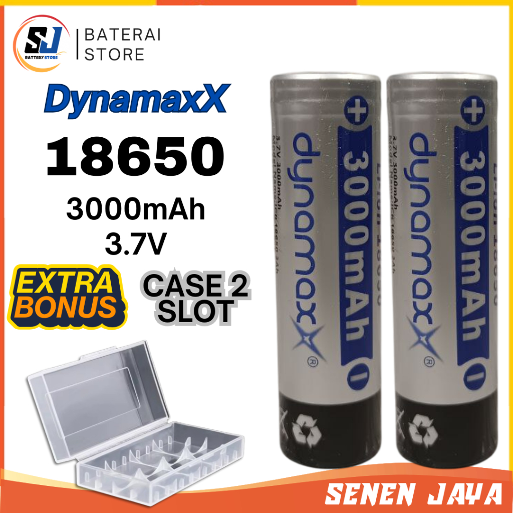 BONUS CASE Baterai 18650 Dynamax FlatTop 3000mAh Batre Power Bank Kipas Angin Portabel 2 PCS