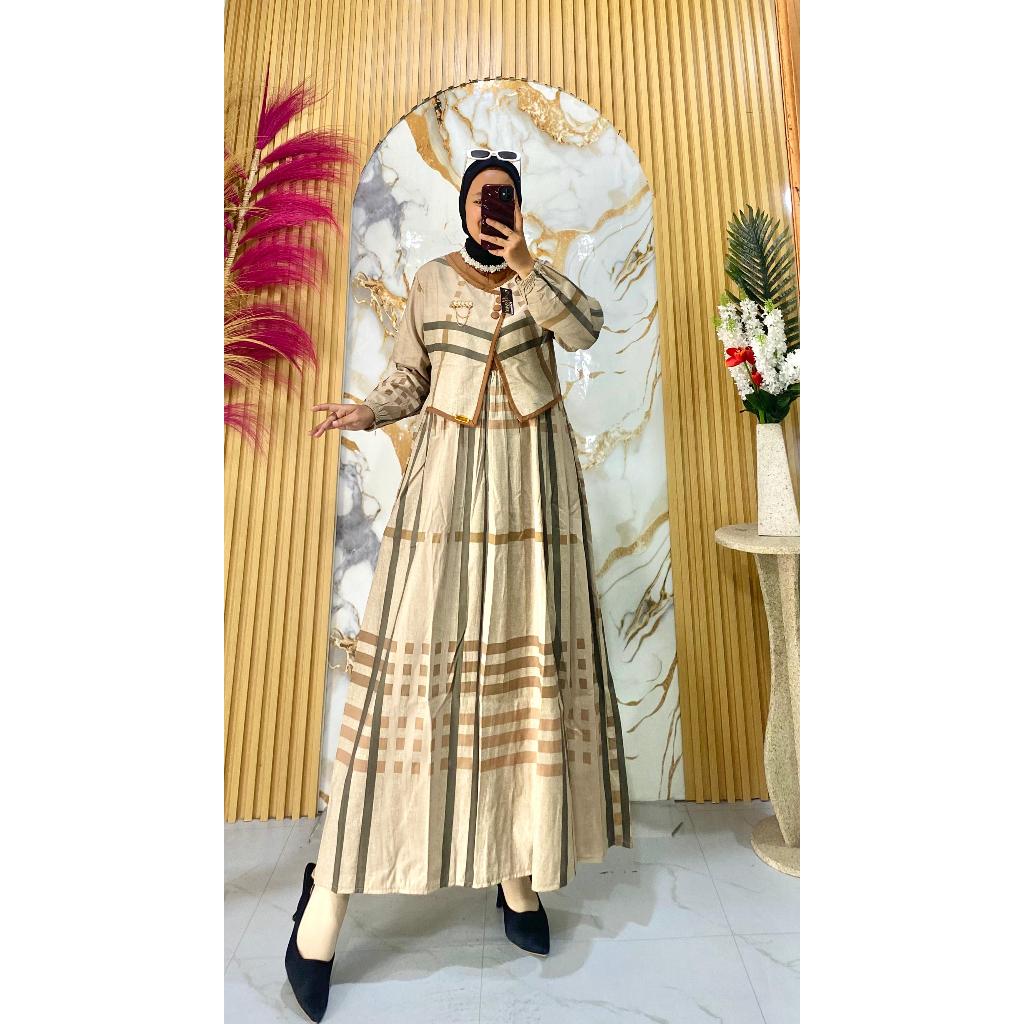 Gamis Muslimah Elegan Motif Kotak + Outer Vest – Dress Pesta / Casual Modern