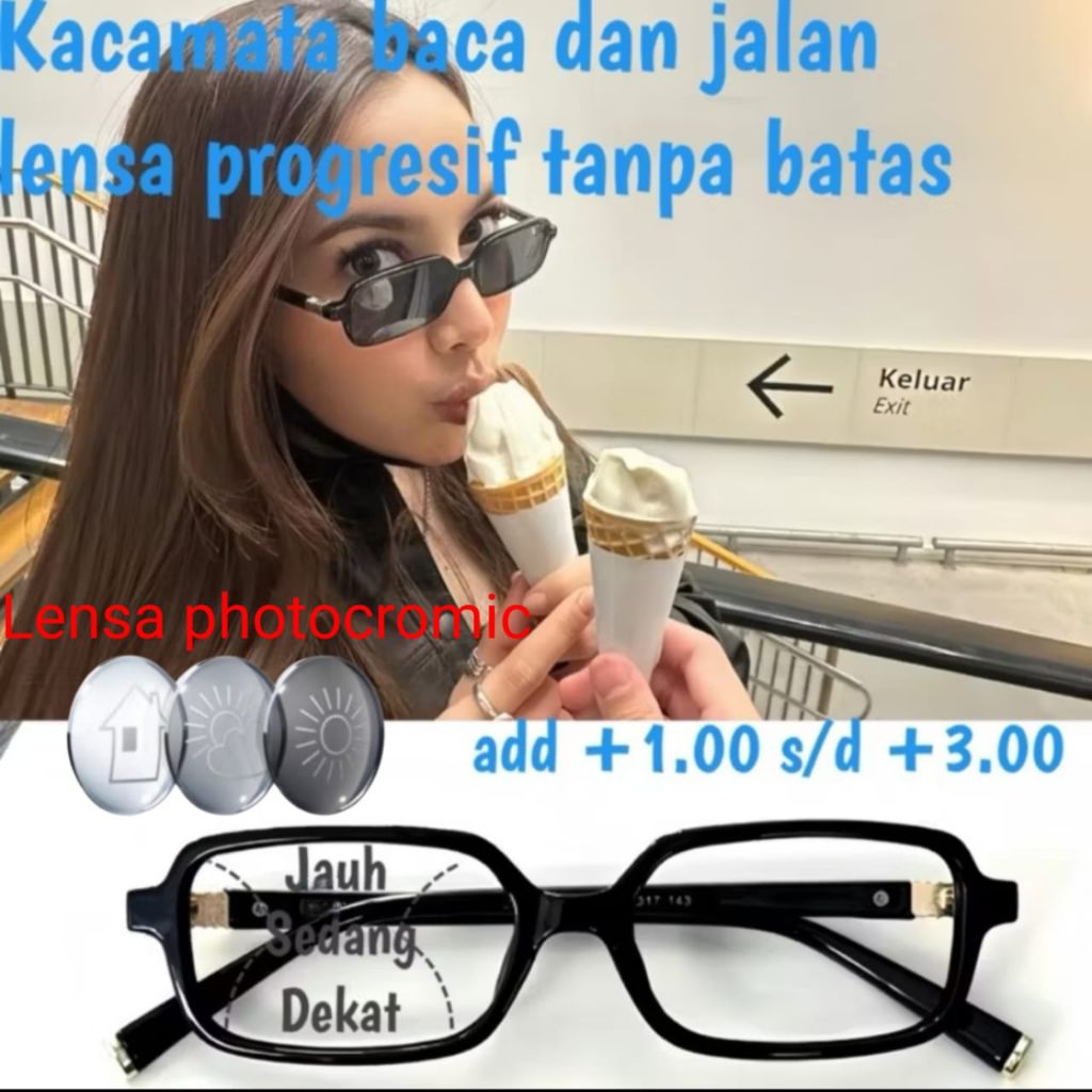Kacamata baca plus jalan lensa progresive Photocromic  frame kotak cowok dan cewek |kacamata double 