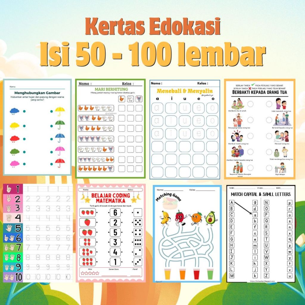 

Kertas Edukasi Worksheet Anak A5 – Isi 50 & 100 Lembar – Belajar sambil bermain belajar Huruf, Angka, Berhitung, Menulis, & Mewarnai PAUD TK SD